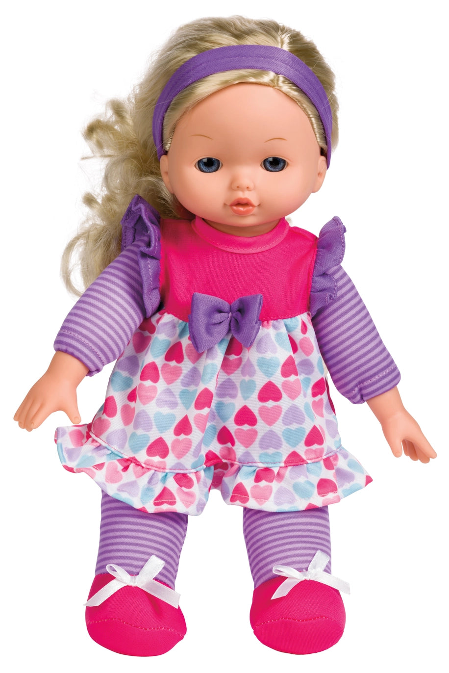 Doll with a pink outfit and purple accessories on a white background
