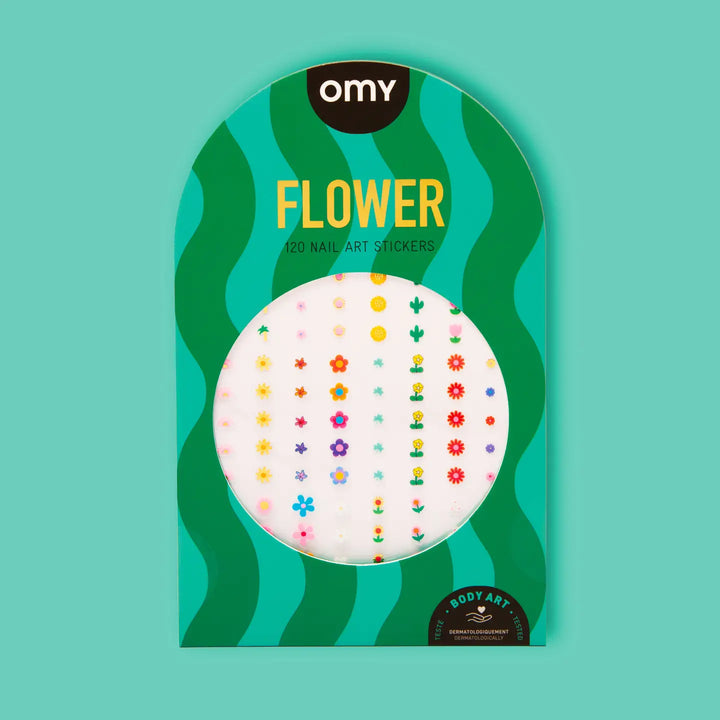 nail stcikers shaped like flowers in a colorful wavy line green design