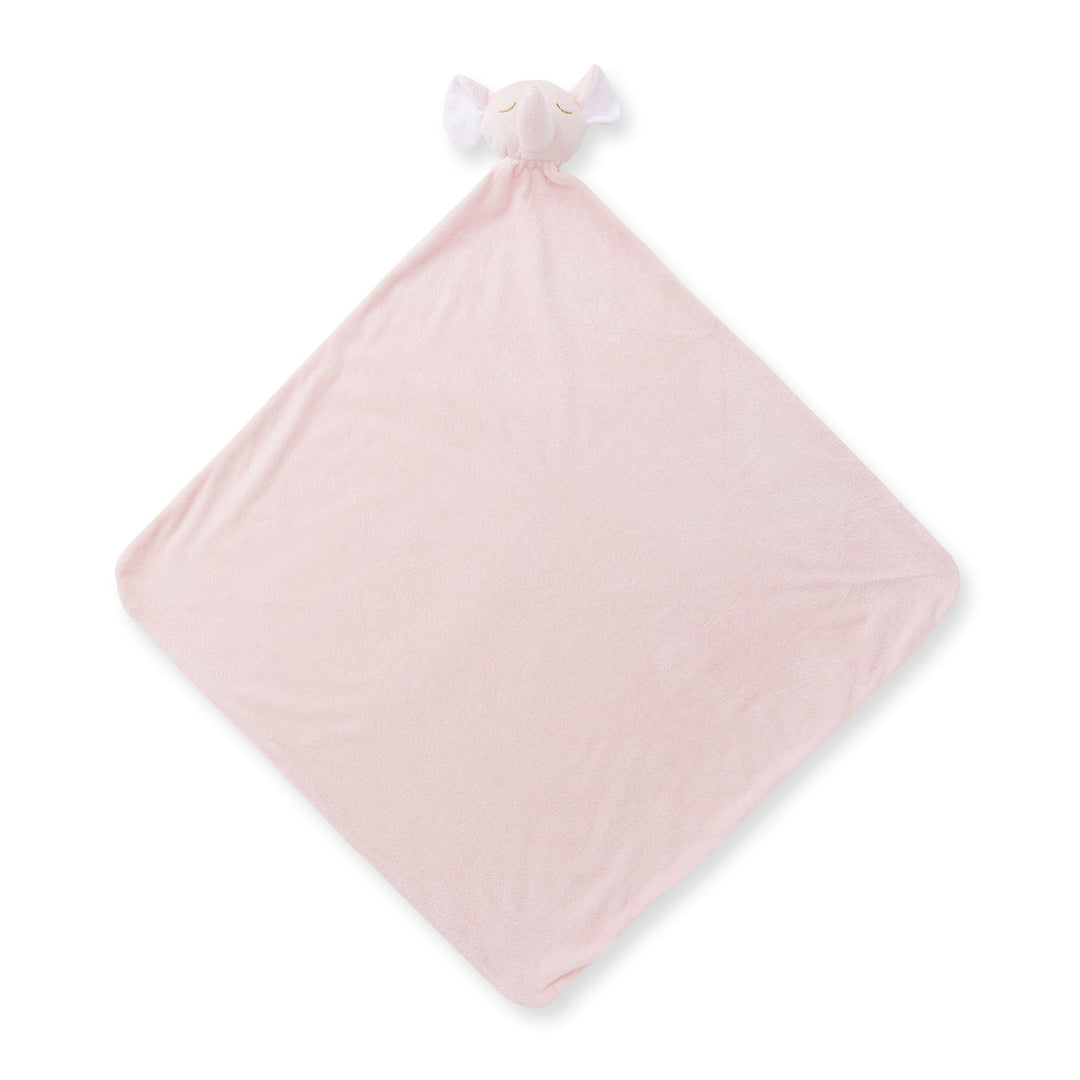 Pink baby comfort blanket with pink elephant attached to it