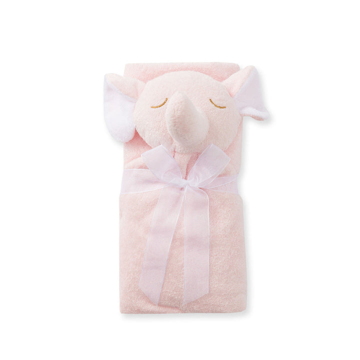pink elephant nap blanket rolled and tied with with a white ribbon. 