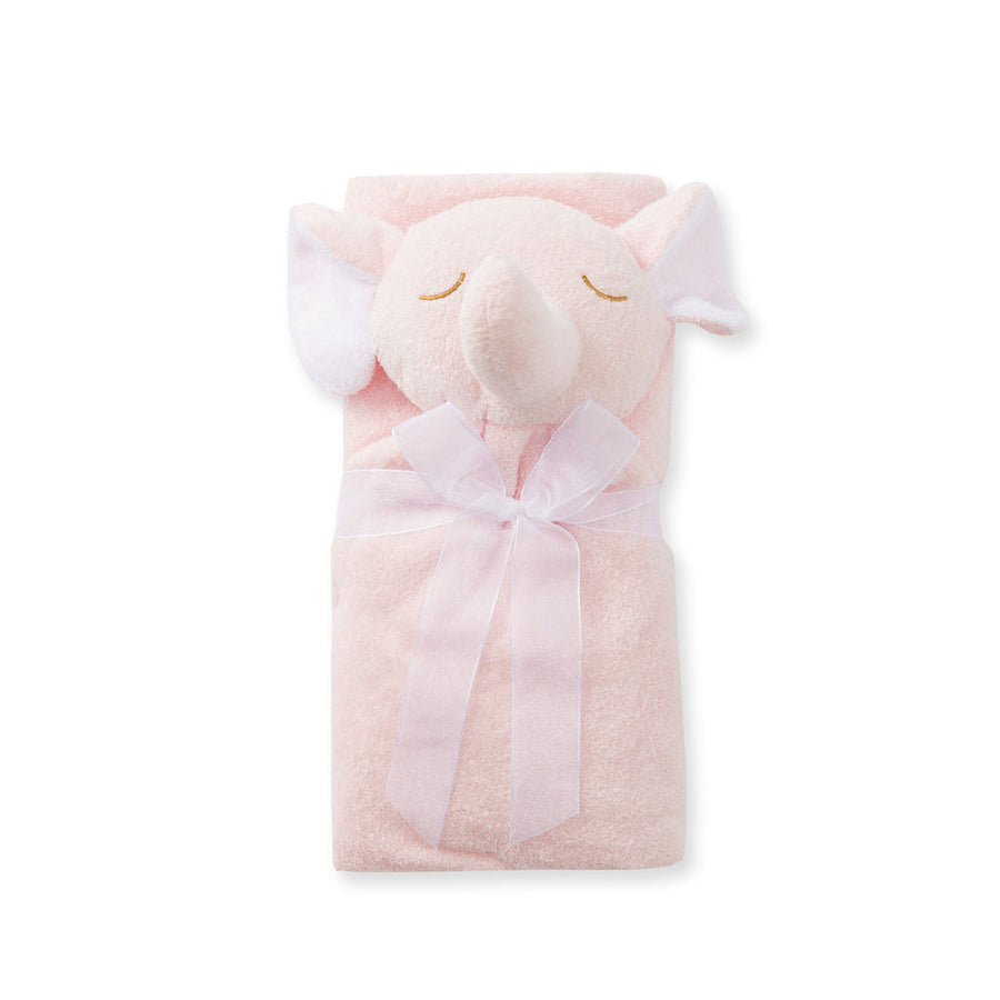 pink elephant nap blanket rolled and tied with with a white ribbon. 