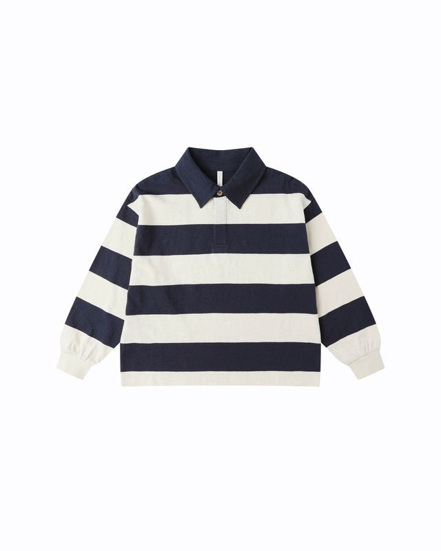 Navy and white striped long-sleeve shirt on a white background