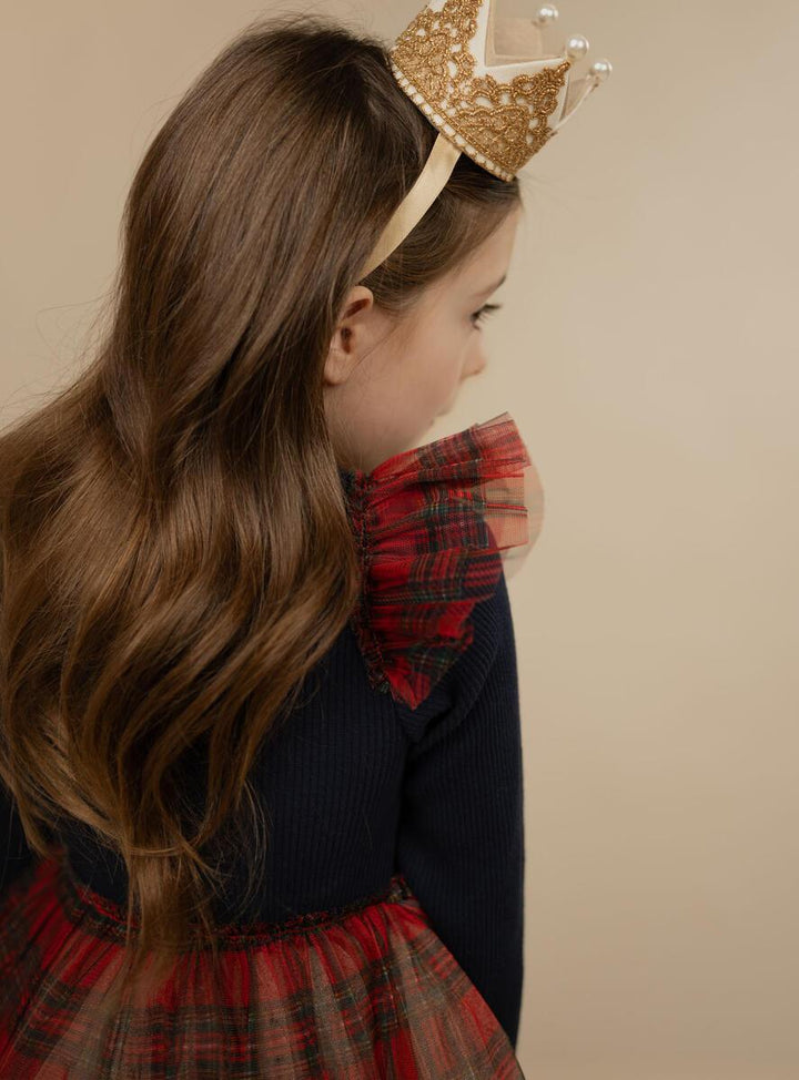 this picture shows the navy ground with red plaid popping out of the shoulder