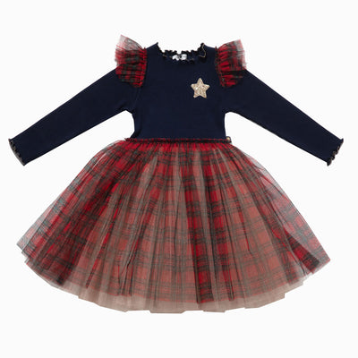 navy dress with red plaid tulle bottom and gold star on the chest. 