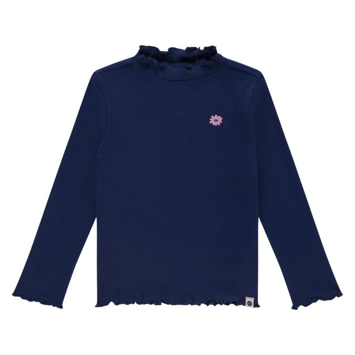 Navy blue long-sleeve top with a small pink flower design on a white background