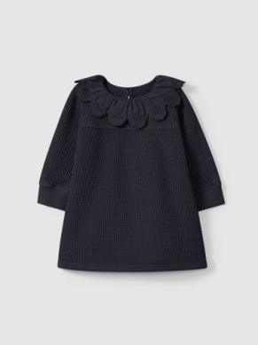 baby dress, navy waffle with ruffle collar 