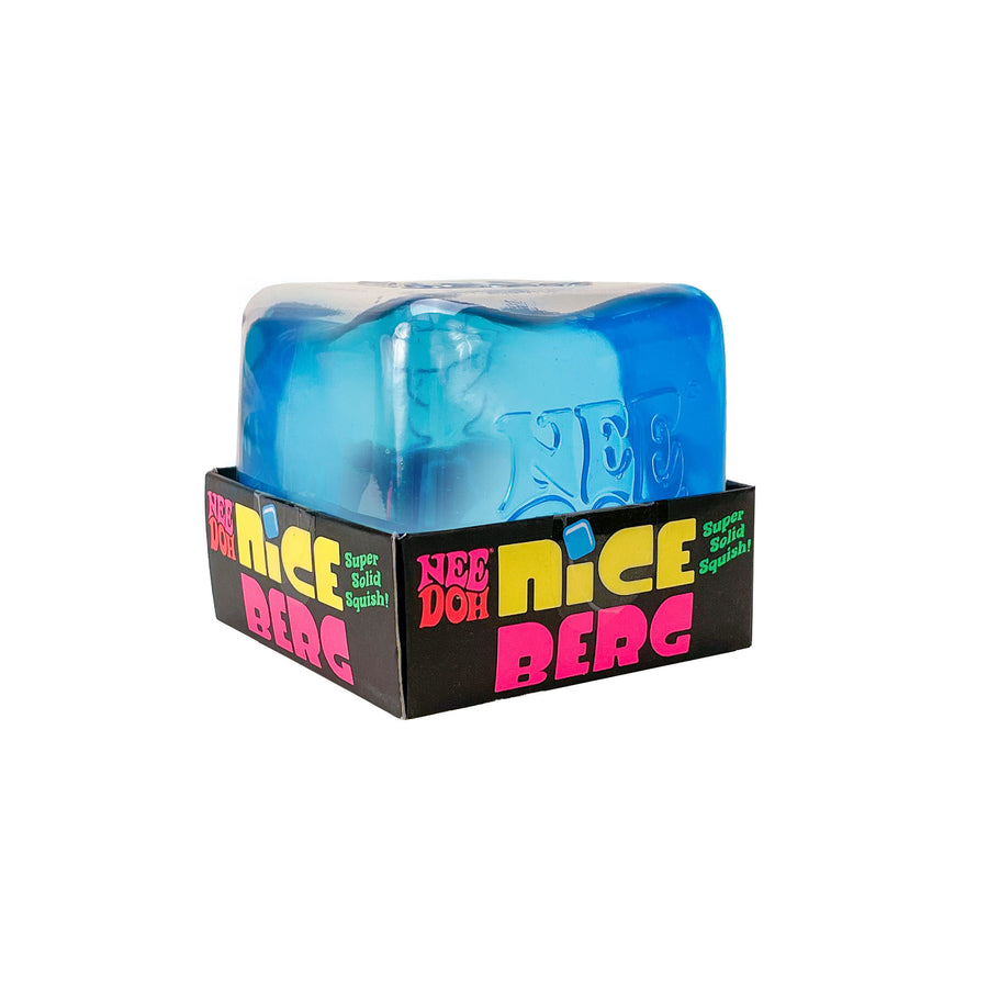 A blue translucent slime block in a clear plastic container, displayed on a black branded box with colorful 'Nice Berg' text, isolated on a white background.