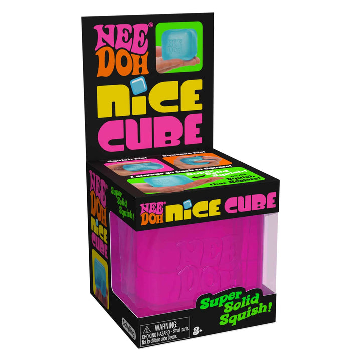 Box of Nee Doh Nice Cube with colorful text and a pink cube inside