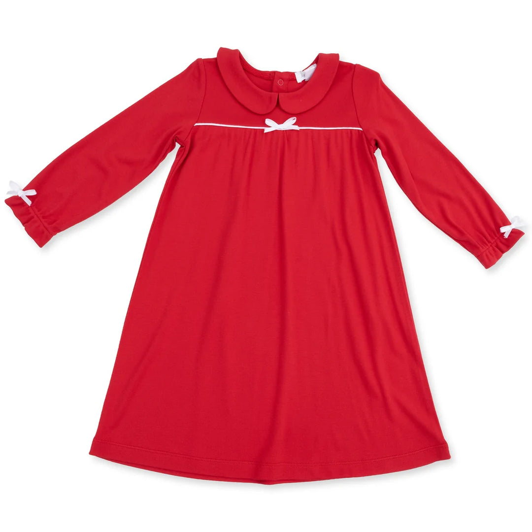 Red nightgown dress with white trim on a white background