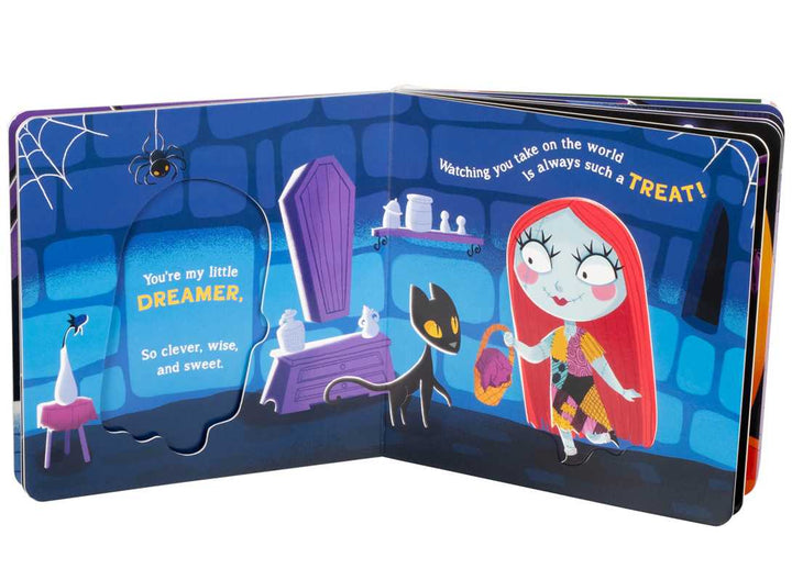 Illustrated book open to a page with a character and text on a blue background