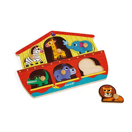 Wooden puzzle with animal figures and a lion piece on a white background