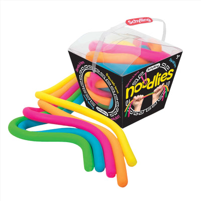 Stretchy noodles in bright florescent colors that are easy to stretch and play with. The noodles are packaged in a take out container