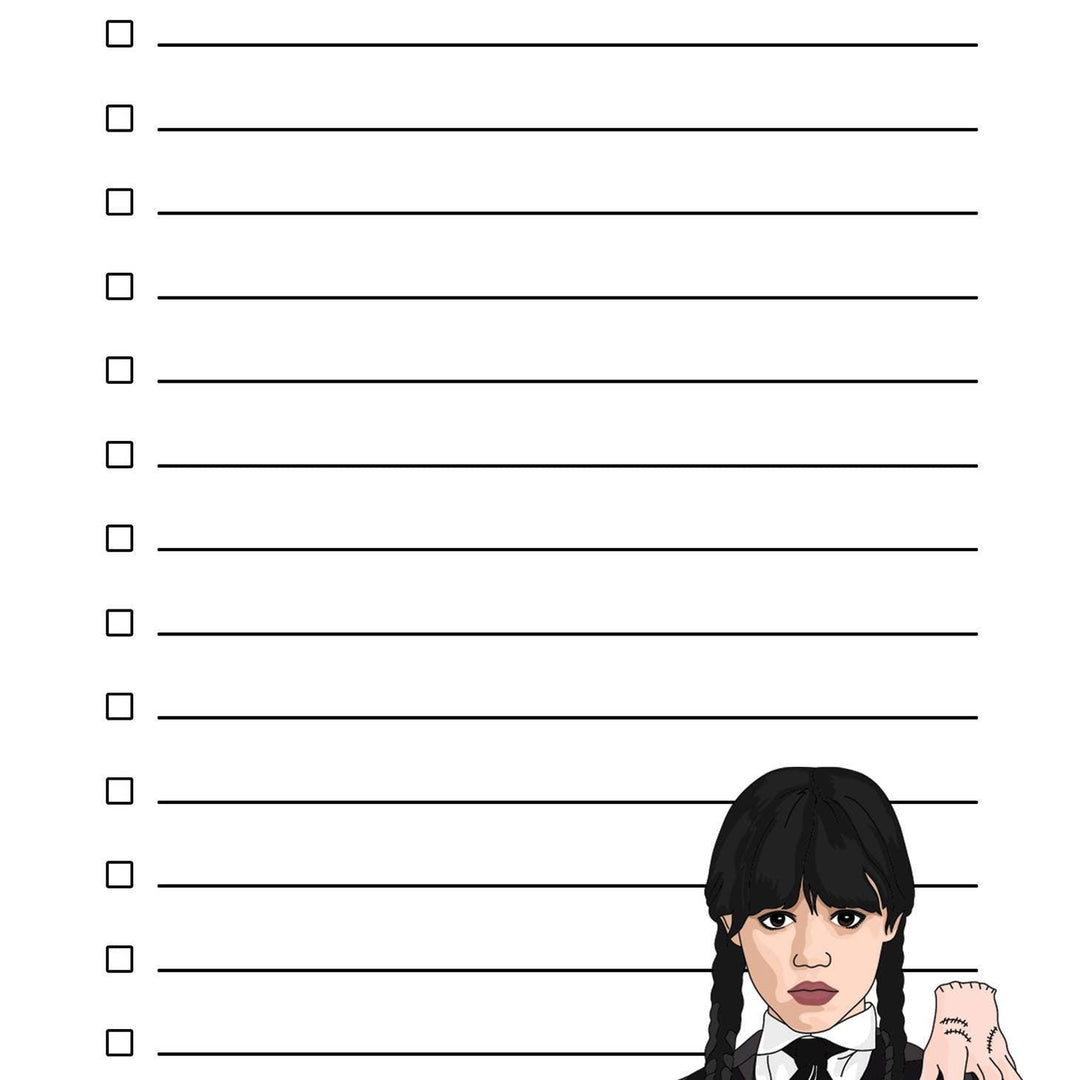 Mugshot-style illustration of a Wednesday Addams with text boxes above