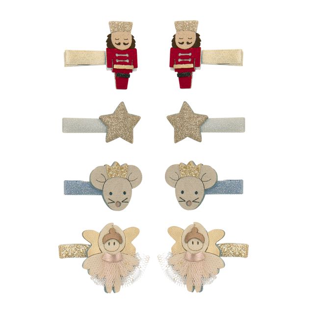 Set of decorative hair clips featuring Nutcracker, Mouse King, and Fairy designs on a white background.