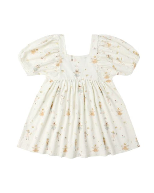 Biege dress with nutcracker pattern and balloon sleeves 