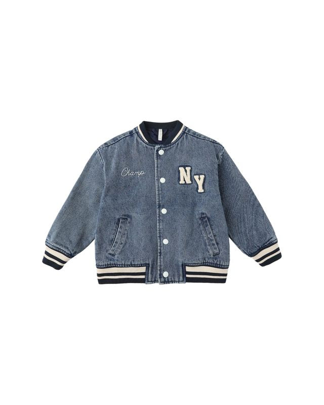 Blue denim jacket with 'NY' and 'Champ' text on a white background