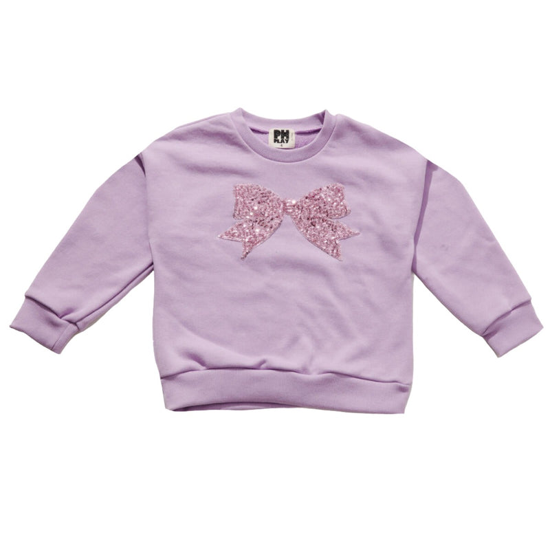 lavender sweatshirt with a pink sequin bow applique