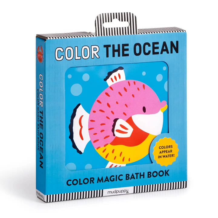 Color Magic Bath Book packaging with a fish illustration on a blue background