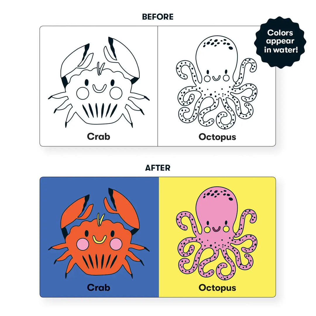 Illustration of a crab and octopus with coloring examples on a white background.