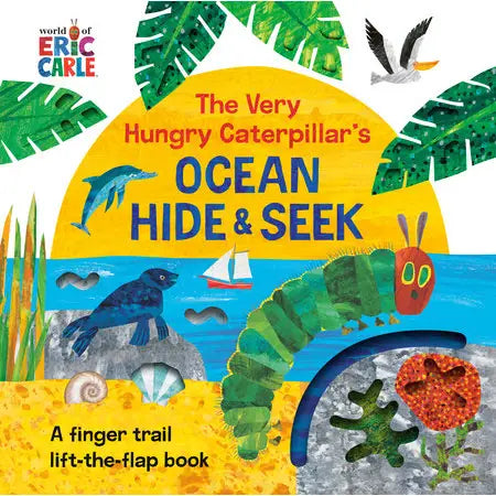 Book cover of 'The Very Hungry Caterpillar's Ocean Hide & Seek' with colorful illustrations and Eric Carle logo.