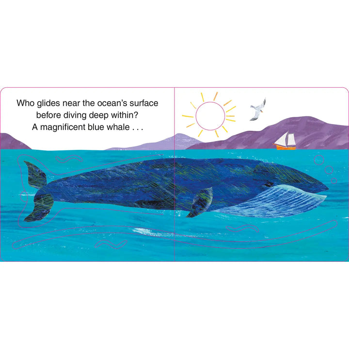 Illustration of a blue whale gliding near the ocean's surface with a scenic background.