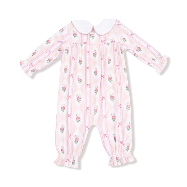 Baby romper with floral pattern long sleeves, and long pants. delicate floral pattern and peter pan collar 