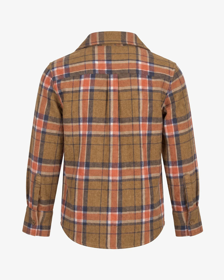 A long-sleeve plaid flannel shirt shown from the back, featuring a warm brown base with orange, navy, and white intersecting stripes.