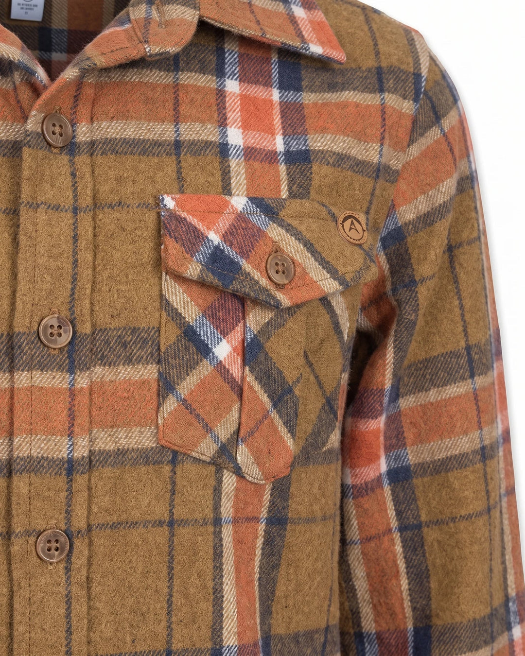 A close-up of a plaid flannel shirt jacket in warm brown, rust orange, and navy blue. The fabric features a classic tartan pattern with a buttoned chest pocket and matching buttons.