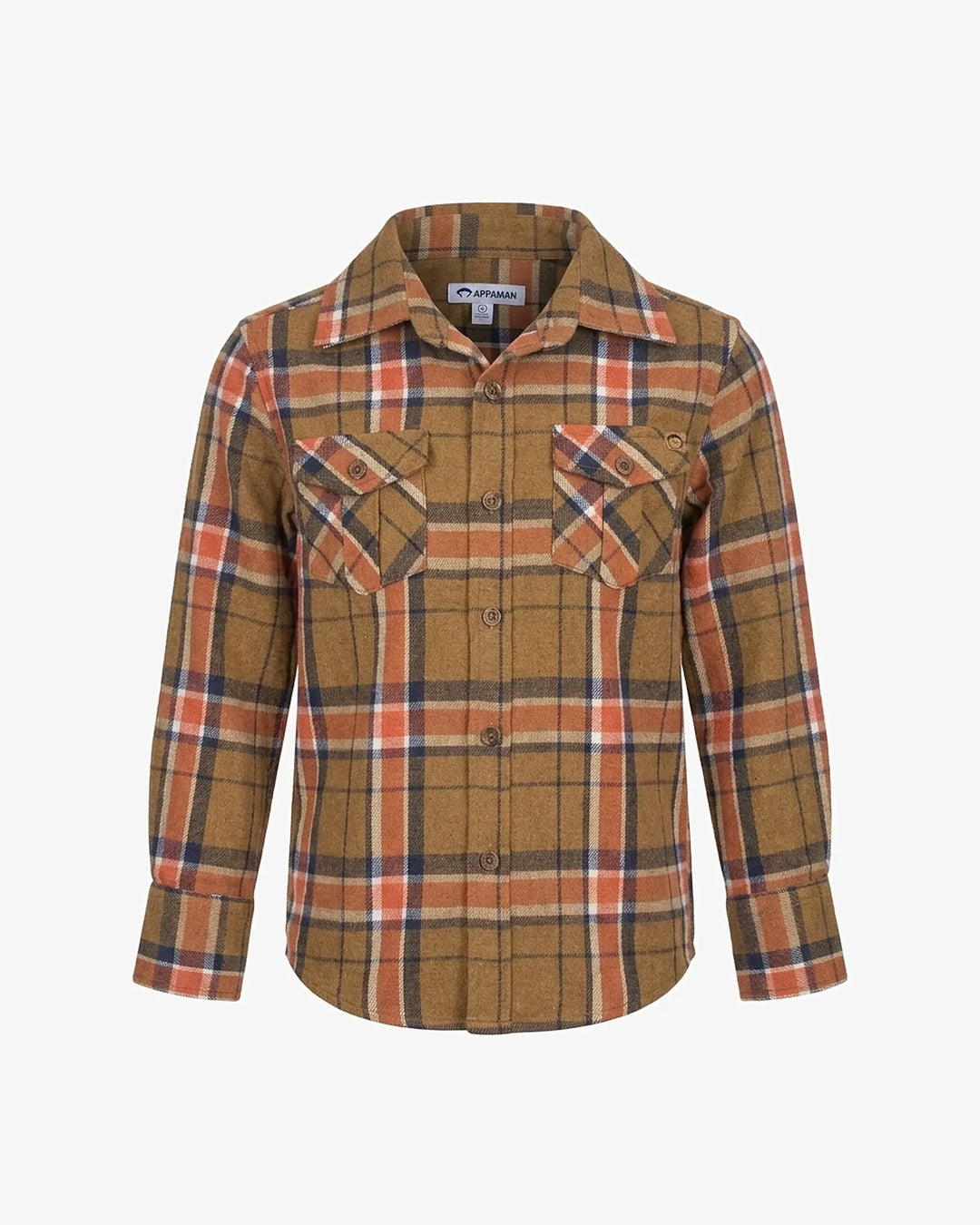 A long-sleeve plaid button-up shirt in brown, orange, and navy blue, displayed on a clean white background.