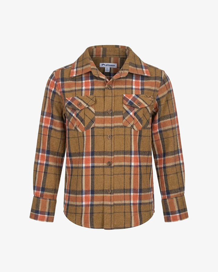 A long-sleeve plaid button-up shirt in brown, orange, and navy blue, displayed on a clean white background.