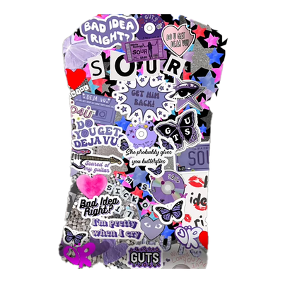 olivia rodrigo inspired print on the blanket . sayings like " GUTS" and "SOUR" and "Bad idea right?" purple, blues and red. 