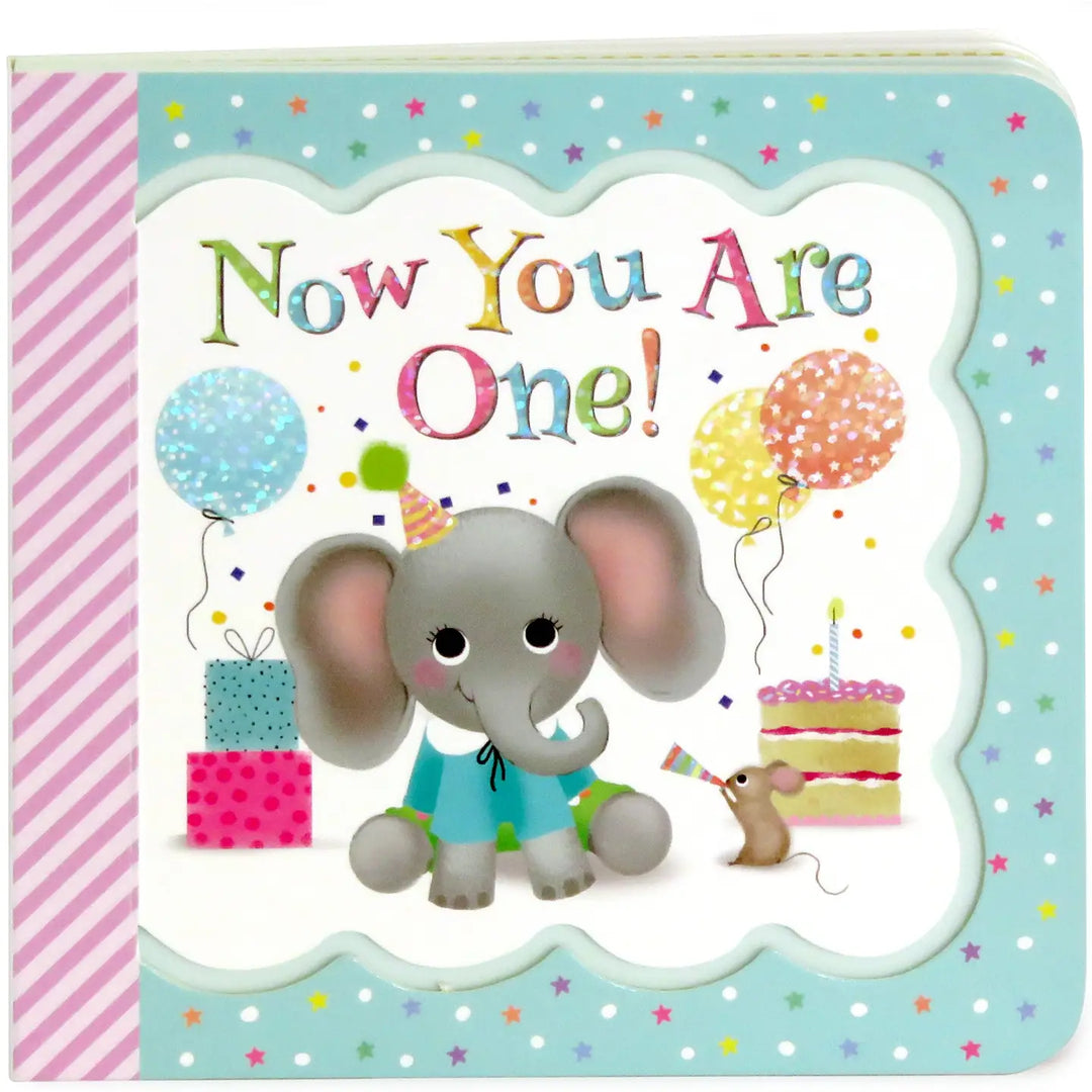 Children's book cover with an elephant and mouse celebrating 'Now You Are One!' on a blue background with balloons and a cake.