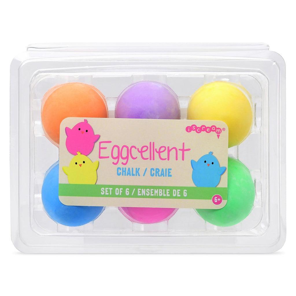 plastic container with 6 pieces of chalk that look like eggs, each a differnt color: yellow, purple, orange, blue, pink, green. 