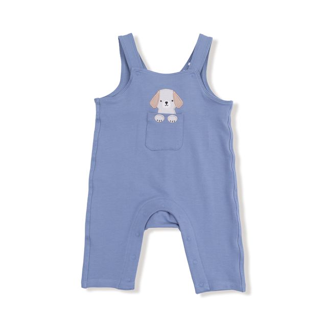 Blue baby romper with a dog design popping out of a pocket on a white background