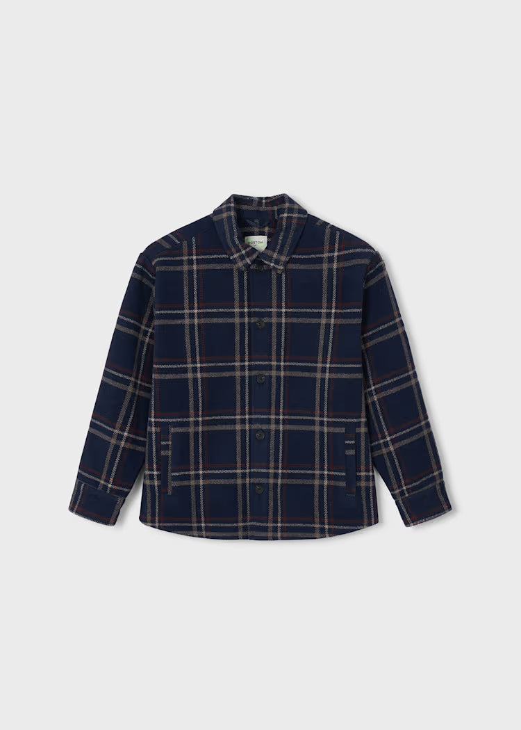 A navy blue plaid button-up shirt jacket with beige and white stripes, displayed flat against a light gray background.