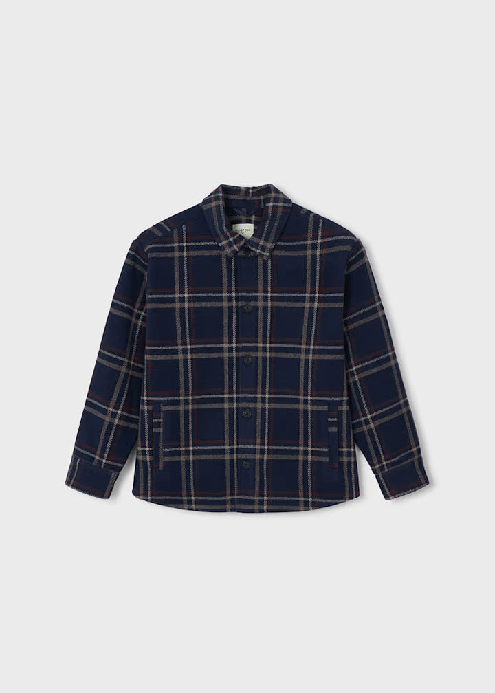 A navy blue plaid button-up shirt jacket with beige and white stripes, displayed flat against a light gray background.