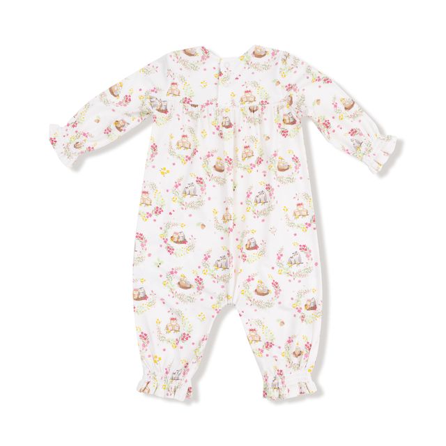 back of Floral  and owl patterned baby onesie on a white background