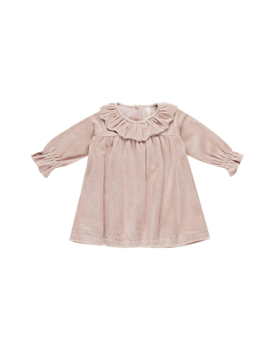 blush pink velour baby dress with ruffle at the collar and gathering at the sleeves