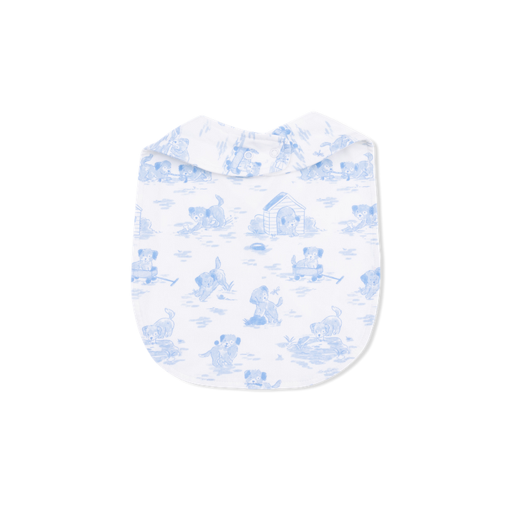 Back ofBaby bib with blue  puppy pattern on a white background