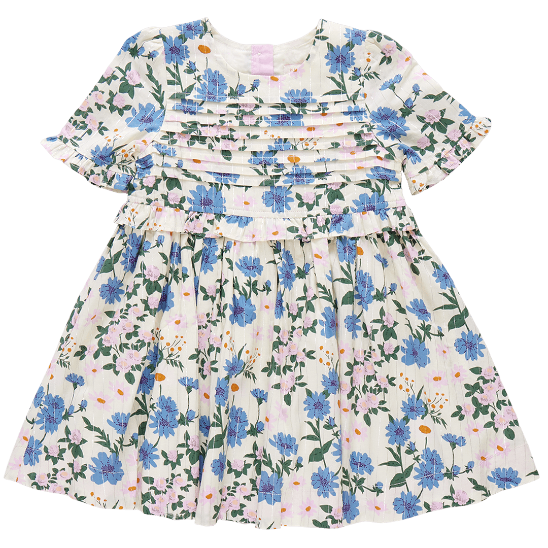ivory dress with blue flowers and lavender flowers with silver lurex running through it. pleated chest with ruffles on the sleeves. 