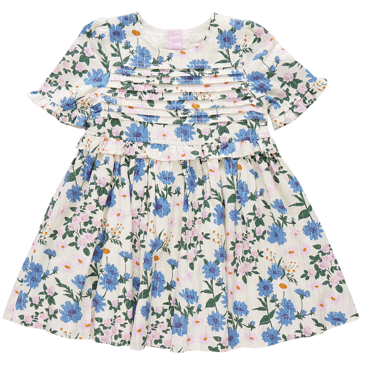 ivory dress with blue flowers and lavender flowers with silver lurex running through it. pleated chest with ruffles on the sleeves. 