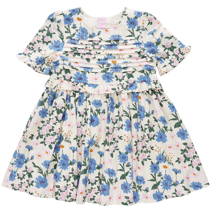 ivory dress with blue flowers and lavender flowers with silver lurex running through it. pleated chest with ruffles on the sleeves. 