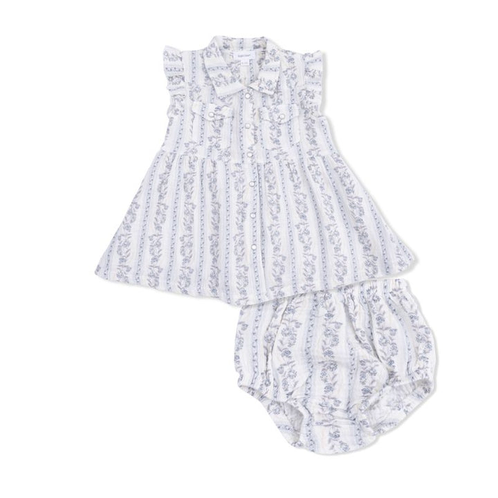 Baby dress and bloomers set with floral stripe pattern on a white background