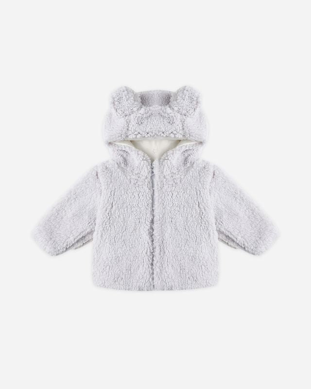 Children's light blue/gray fluffy coat with a hood on a white background