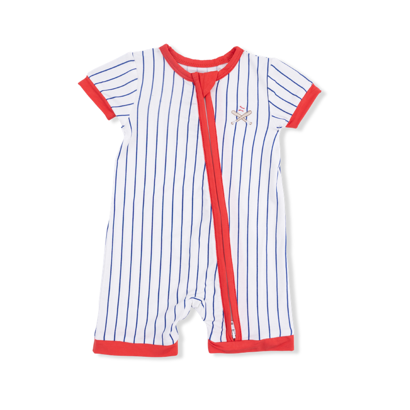 Baby romper with red and blue stripes, baseball stripes on a white background