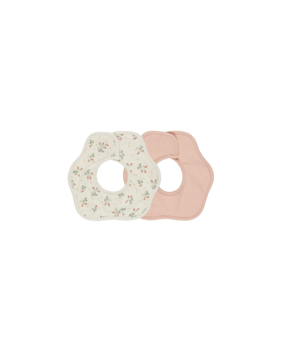 set of 2 bibs in the shape of a flower- one beige with tiny strawberries and one in a peachy/pink color