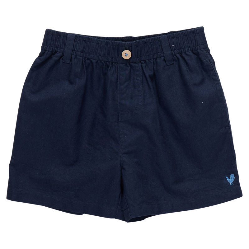 Navy blue shorts with a small logo on a white background