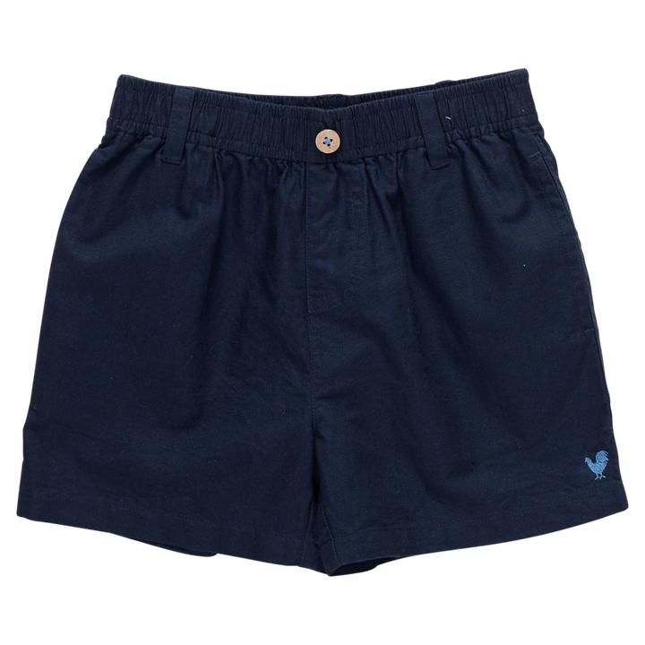 Navy blue shorts with a small logo on a white background