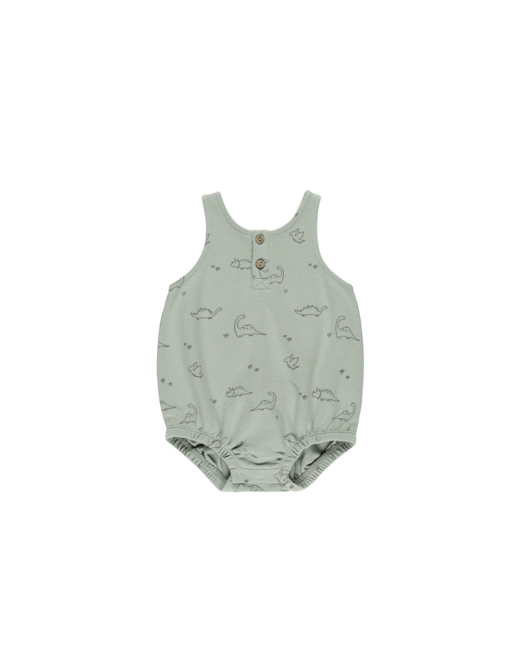 sage green baby romper with 2 snaps at the bottom and tiny dinosaurs all over the romper