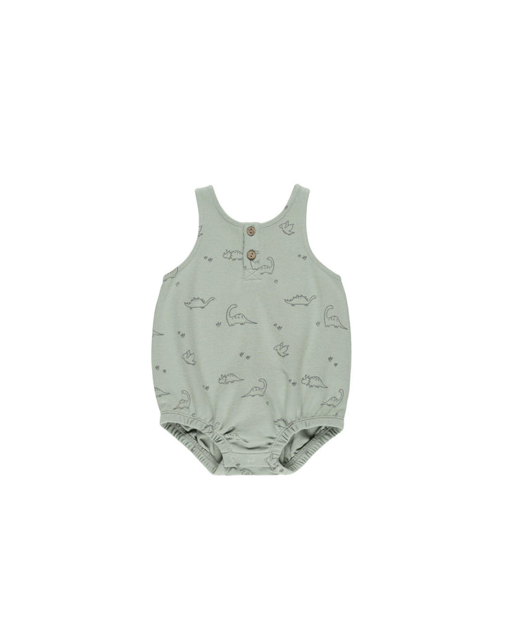 sage green baby romper with 2 snaps at the bottom and tiny dinosaurs all over the romper